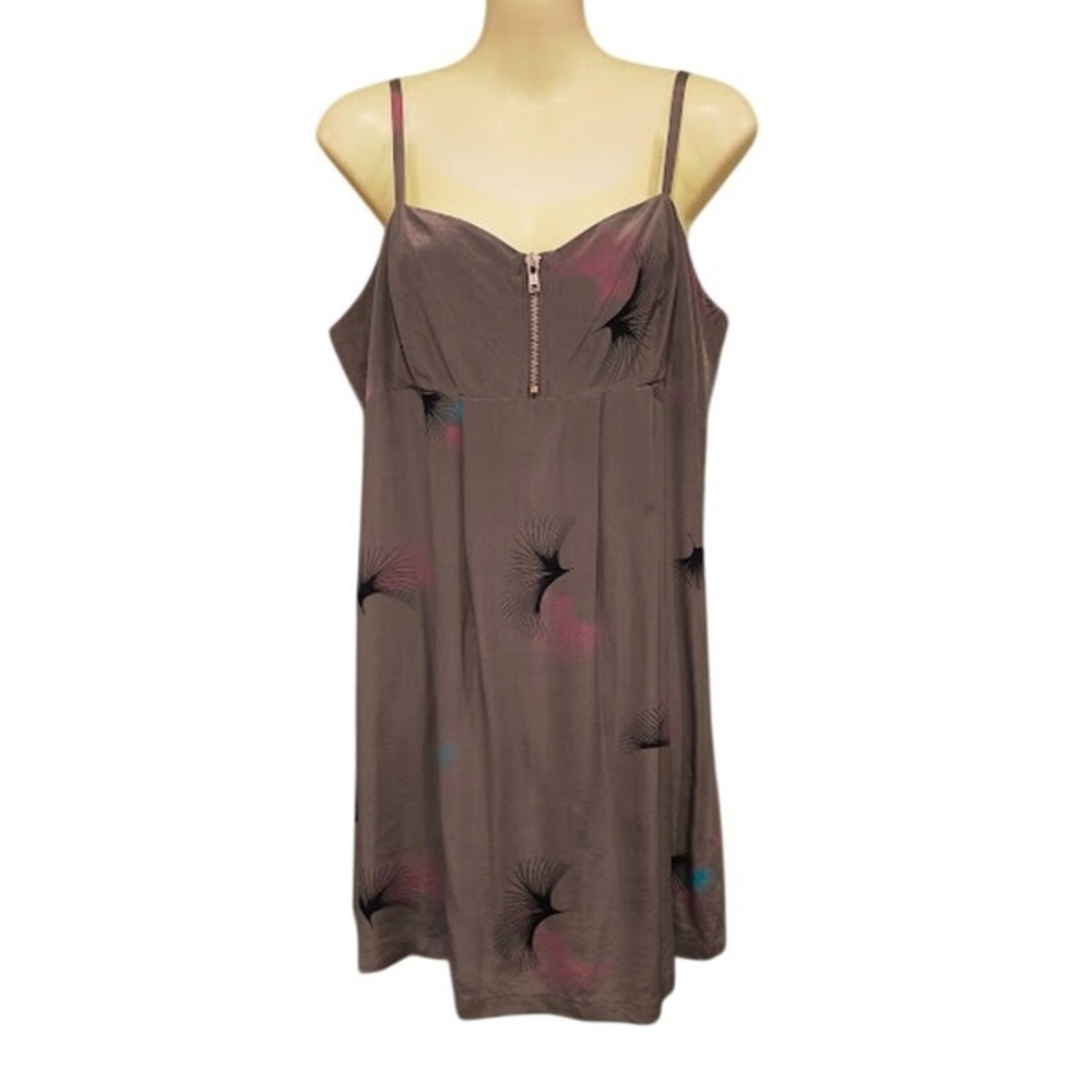 Lux 100% Silk Slip Dress with Adjustable Straps and Wispy Print, Taupe, Sz L